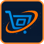 Logo with a blue shopping cart icon and orange swoosh on a dark background